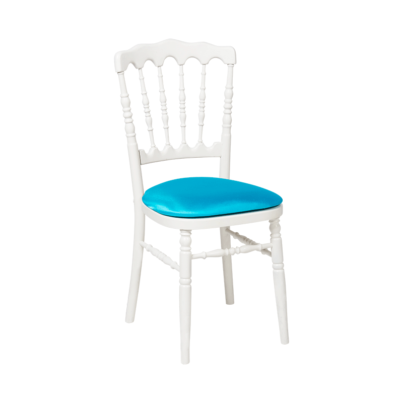 Chaise Napoléon blanche en bois avec galette turquoise