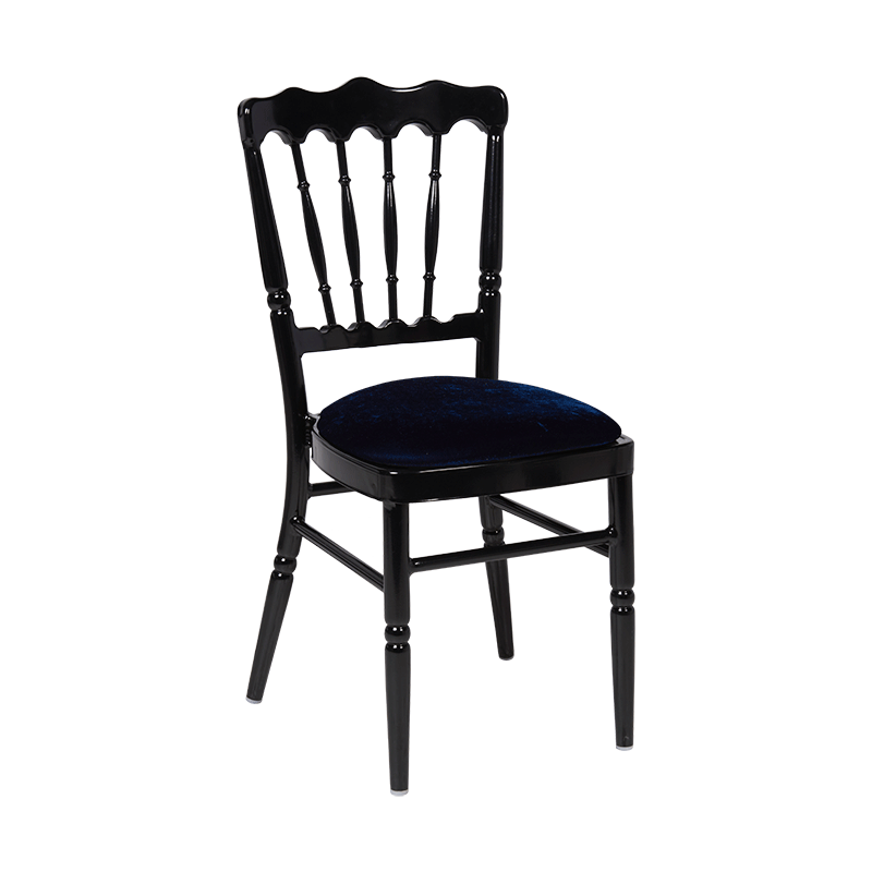 Chaise Napoléon noire en aluminium avec galette velours bleue
