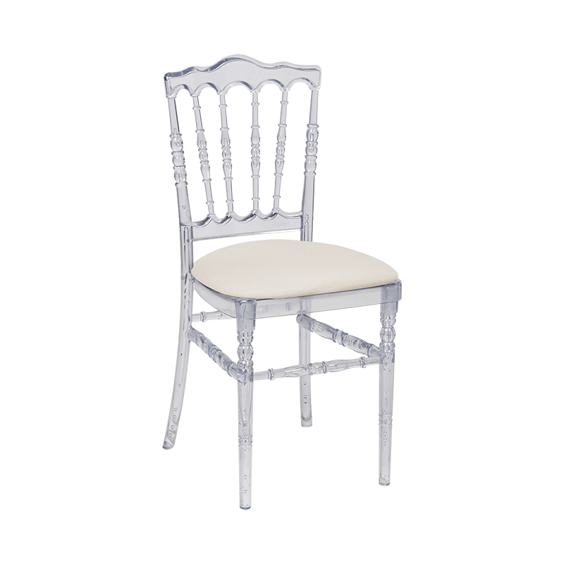 Chaise Napoléon transparente en plexi avec galette écrue velours
