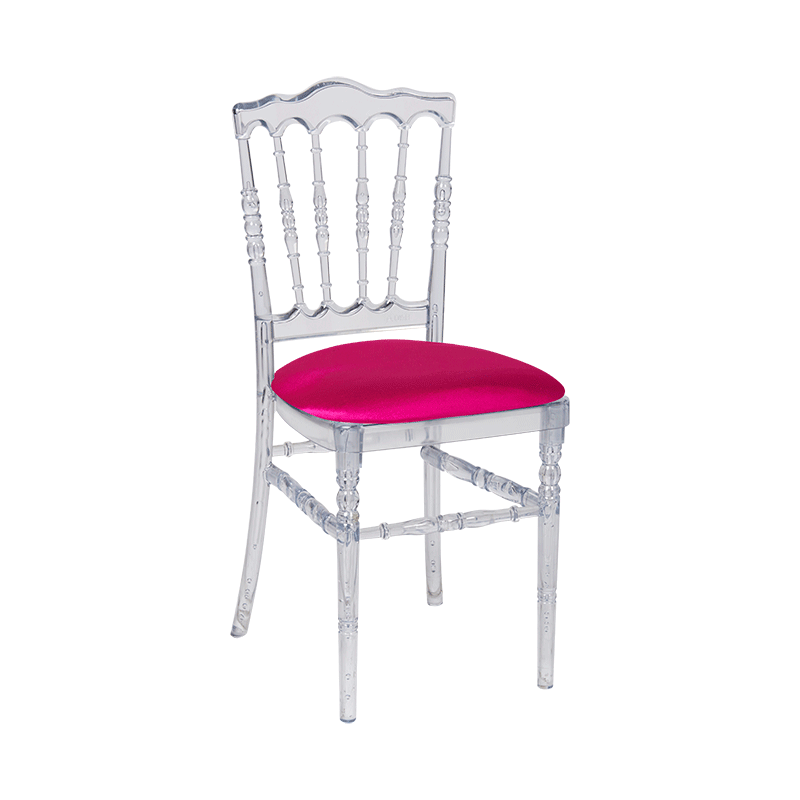 Chaise Napoléon transparente en plexi avec galette fuchsia