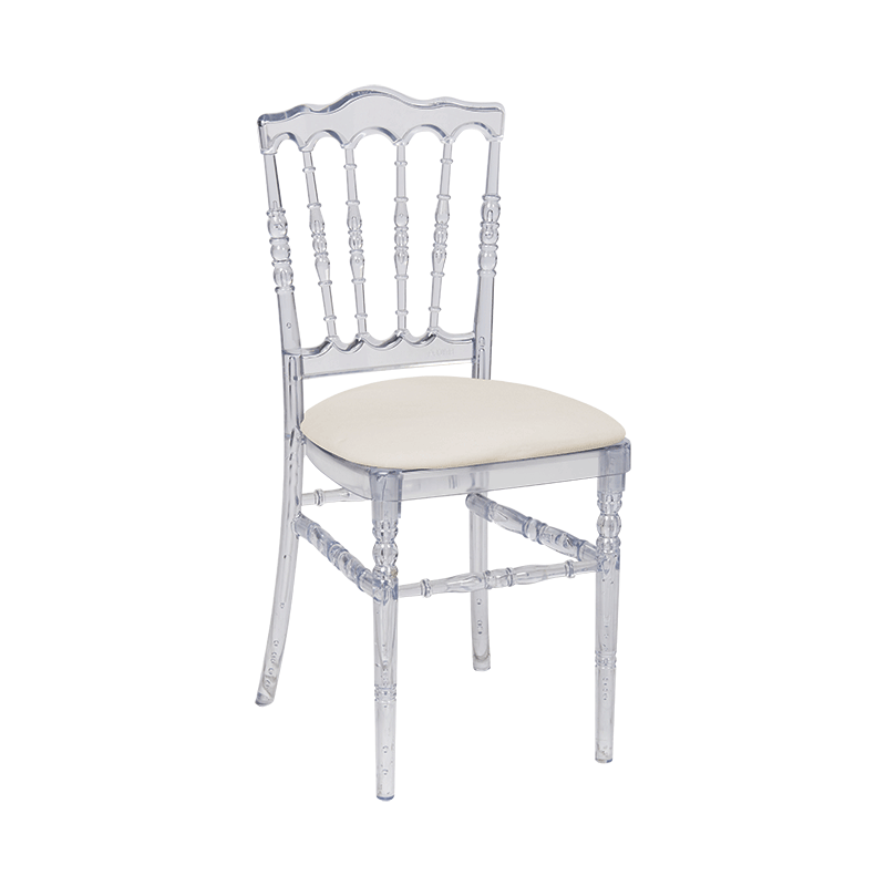 Chaise Napoléon transparente en plexi avec galette écrue velours