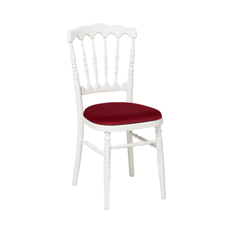 Chaise Napoléon blanche en bois avec galette bordeaux