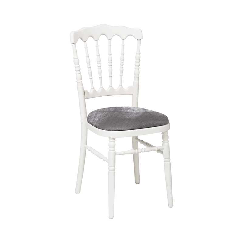 Chaise Napoléon blanche en bois avec galette gris argentée