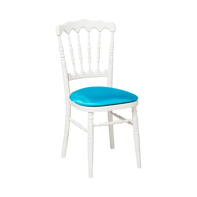 Chaise Napoléon blanche en bois avec galette turquoise