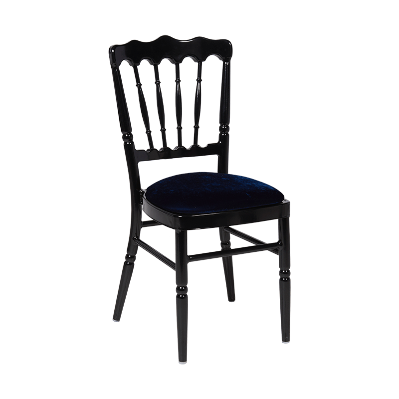 Chaise Napoléon noire en aluminium avec galette velours bleue