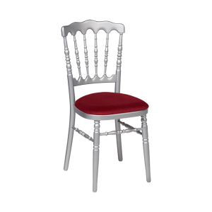 Chaise Napoléon argentée en bois avec galette bordeaux