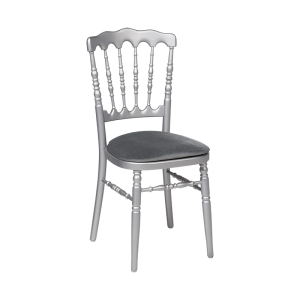 Chaise Napoléon argentée en bois avec galette grise en velours