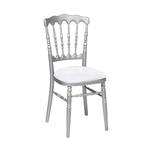 Chaise Napoléon argentée en bois avec galette velours blanche