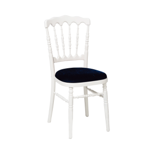 Chaise Napoléon blanche en bois avec galette velours bleue