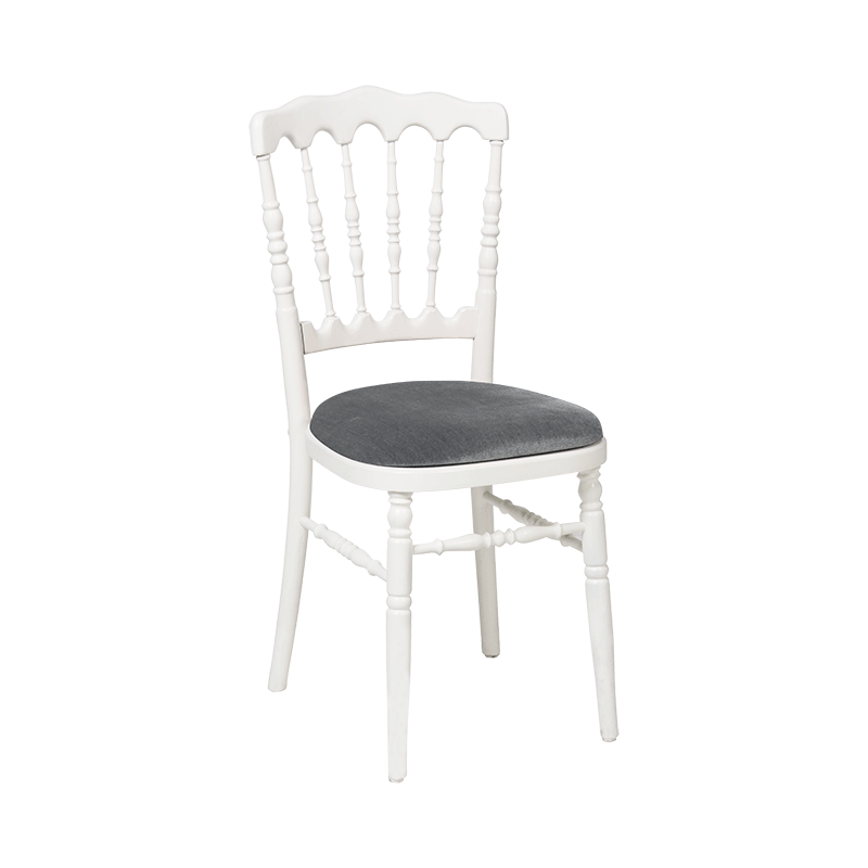 Chaise Napoléon blanche en bois avec galette velours grise