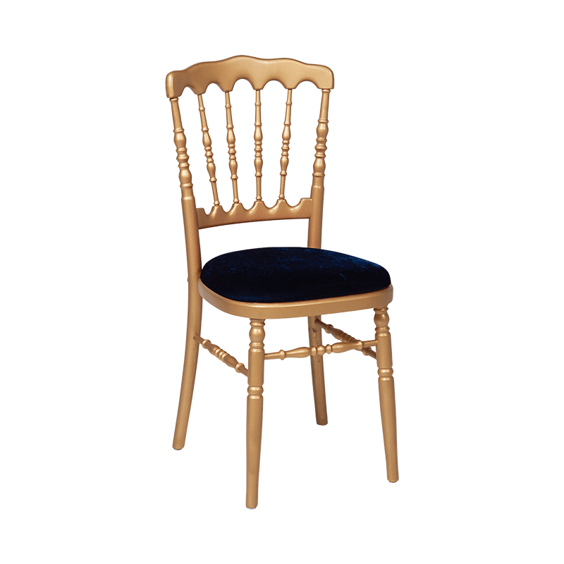 Chaise Napoléon dorée en bois avec galette velours bleue